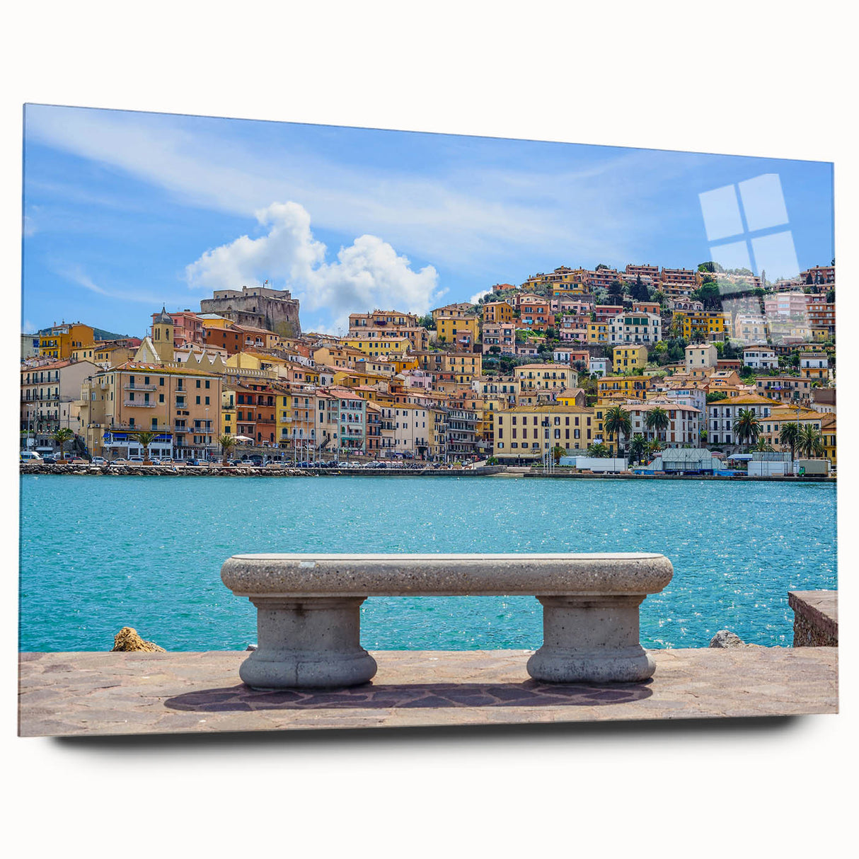 Large abstract wall art of Porto scenery in muted tones on acrylic glass, ideal for bedroom or dining room decor.