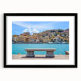 Colorful abstract art print of Porto's landscape in vibrant hues on a large textured canvas, framed in black.