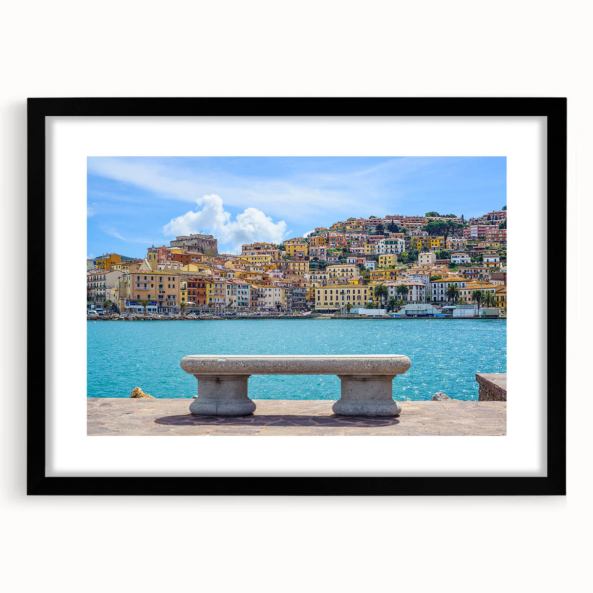 Colorful abstract art print of Porto's landscape in vibrant hues on a large textured canvas, framed in black.