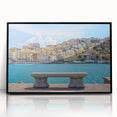 Large abstract wall art depicting Porto's riverside in mid-century modernist style, acrylic print in a black frame.