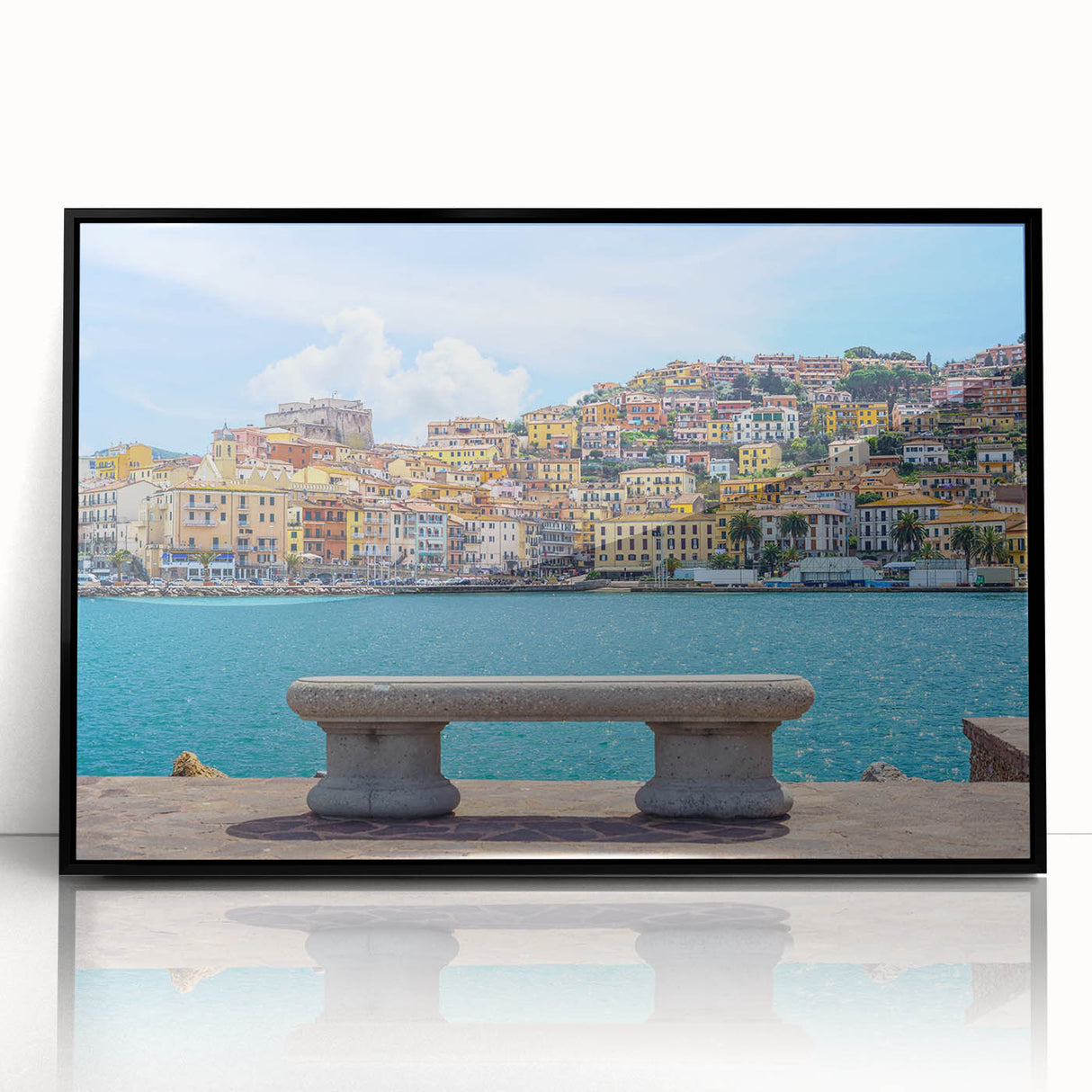 Large abstract wall art depicting Porto's riverside in mid-century modernist style, acrylic print in a black frame.