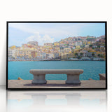 Large abstract wall art depicting Porto's riverside in mid-century modernist style, acrylic print in a black frame.