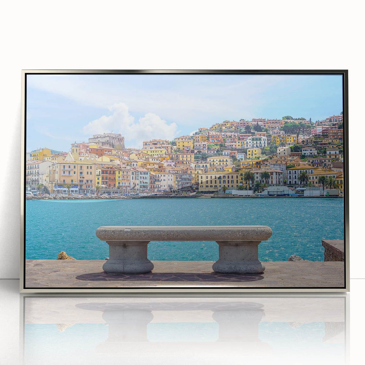 Acrylic print of Porto, Portugal in muted blue and silver tones, framed in silver, suitable for modern art wall decor.