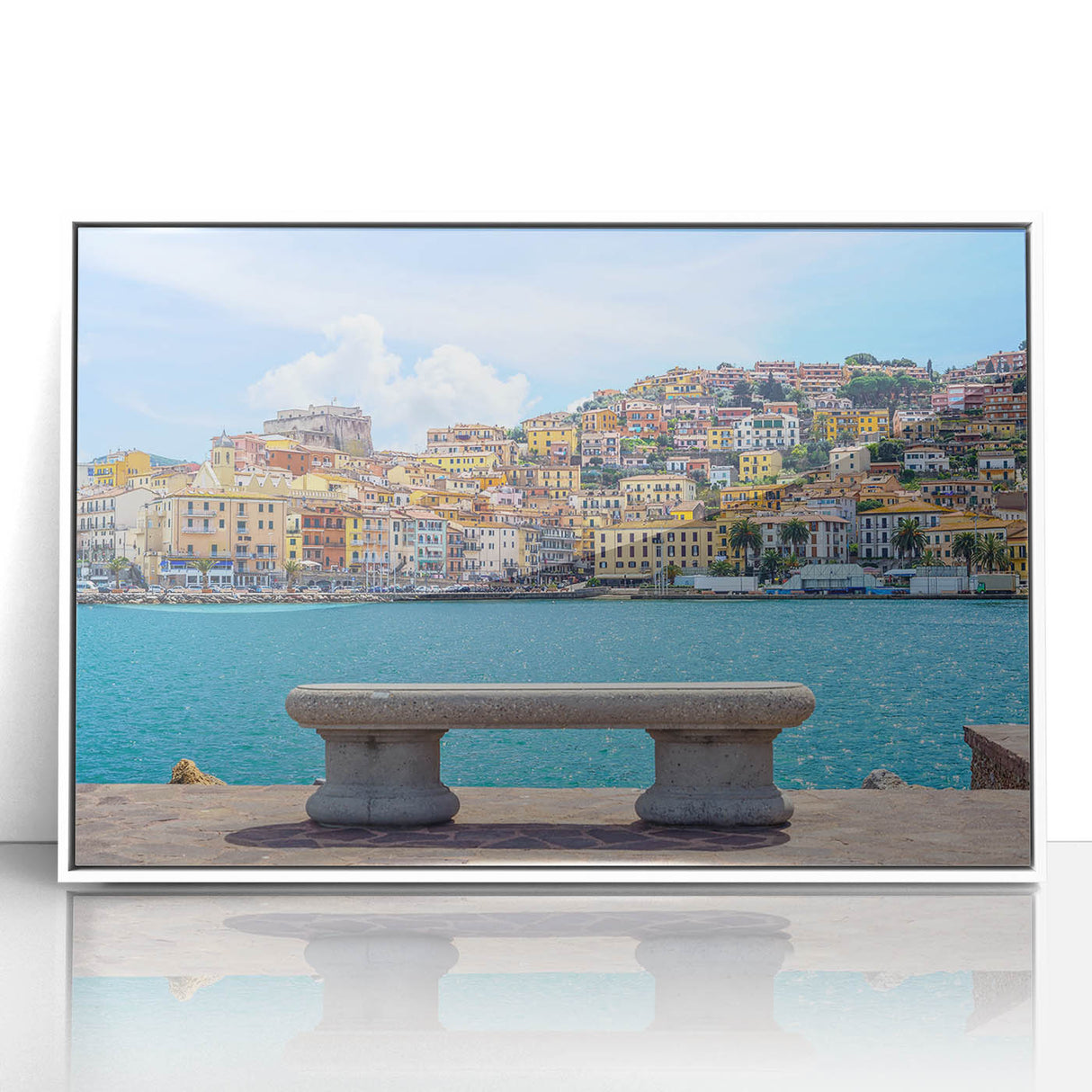 Mid-century modernist art of Porto scenery in muted blue and white tones on a framed acrylic, ideal for nursery wall art.