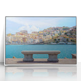Mid-century modernist art of Porto scenery in muted blue and white tones on a framed acrylic, ideal for nursery wall art.