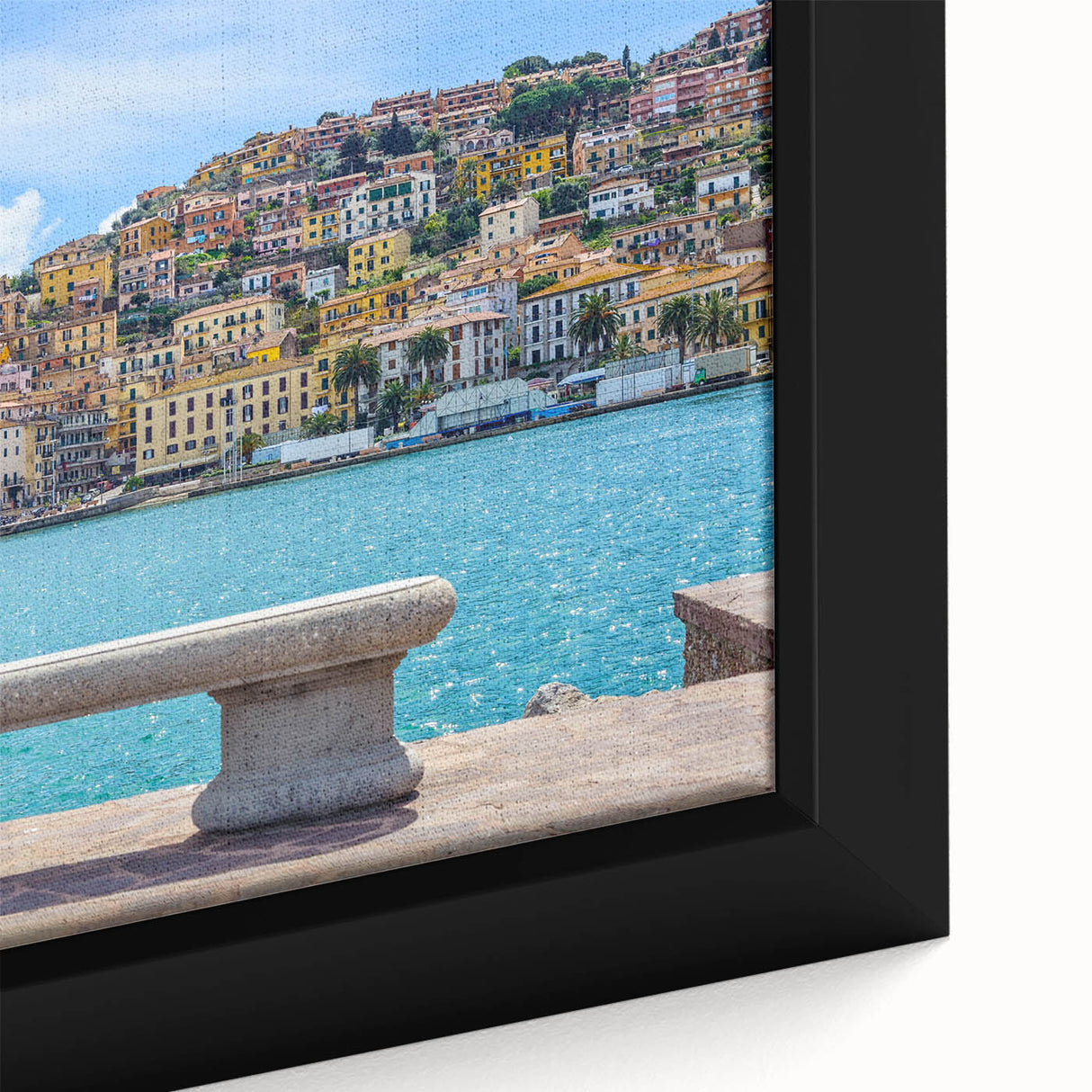 Close-up of a textured, extra large framed canvas depicting a colorful Porto, Portugal scenery, ideal for living room decor.