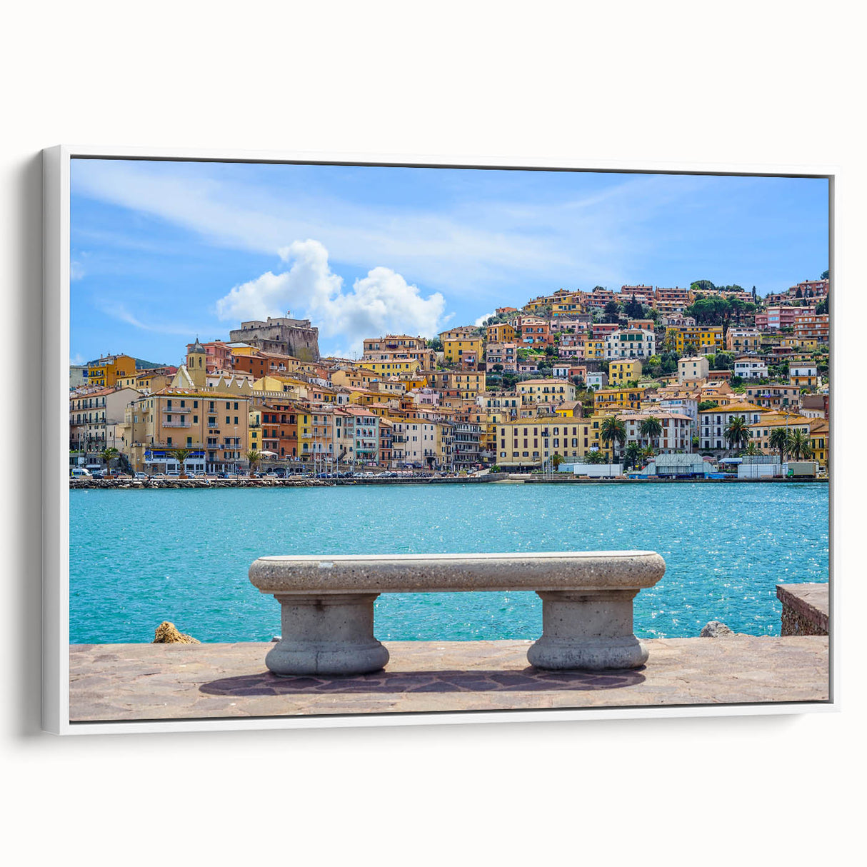 Vintage poster art featuring colorful Porto scenery on framed canvas, ideal for living room decor.