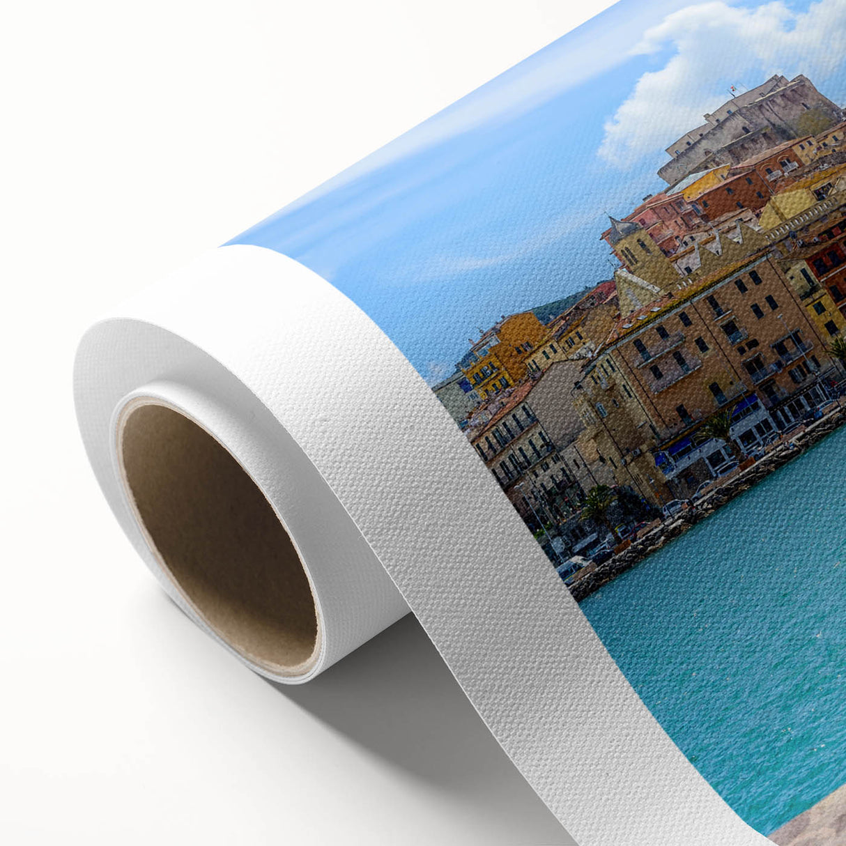 Art Deco style poster of Porto, Portugal in muted blue and white tones on rolled canvas, ideal for nursery wall art.