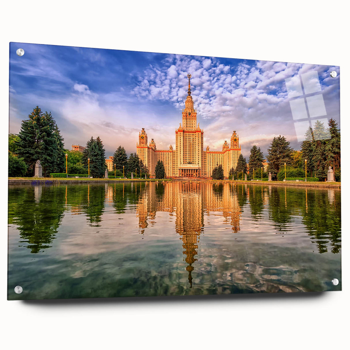 Acrylic print of Moscow skyline in muted gray and blue tones, ideal for dining room art.