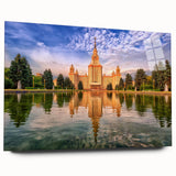 Large abstract depiction of Moscow on acrylic glass, with a blend of muted grays and blues.