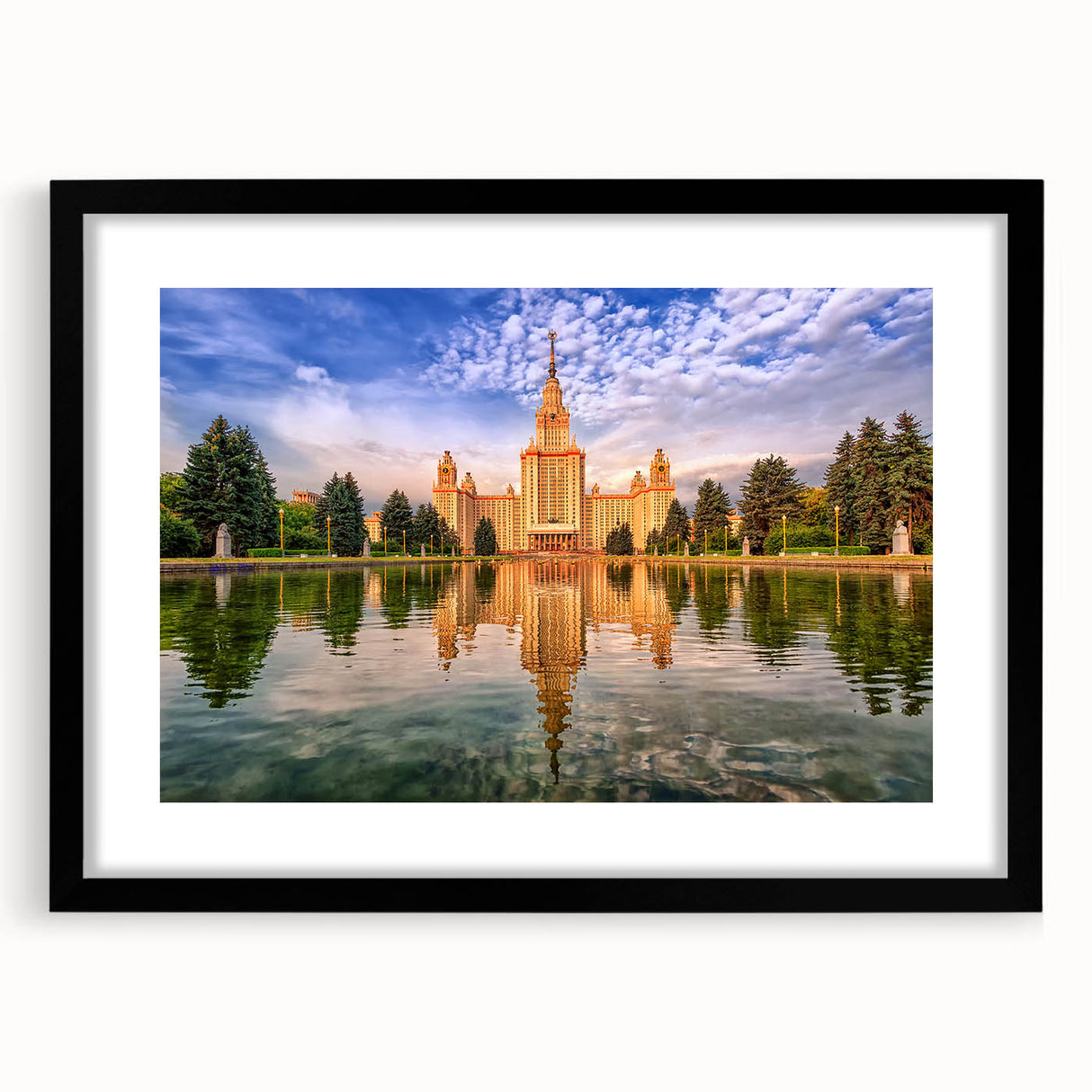 Extra large abstract art print of colorful, textured Moscow scenery on a black-framed canvas, ideal for living room decor.