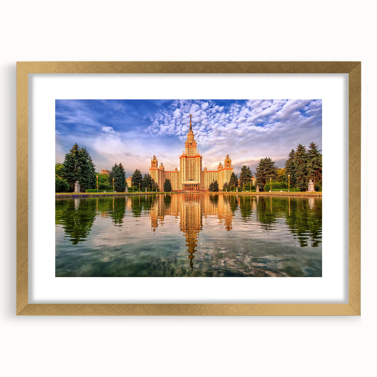 Abstract art print of Moscow skyline in muted gray and gold tones on a framed canvas, suitable for dining room decor.
