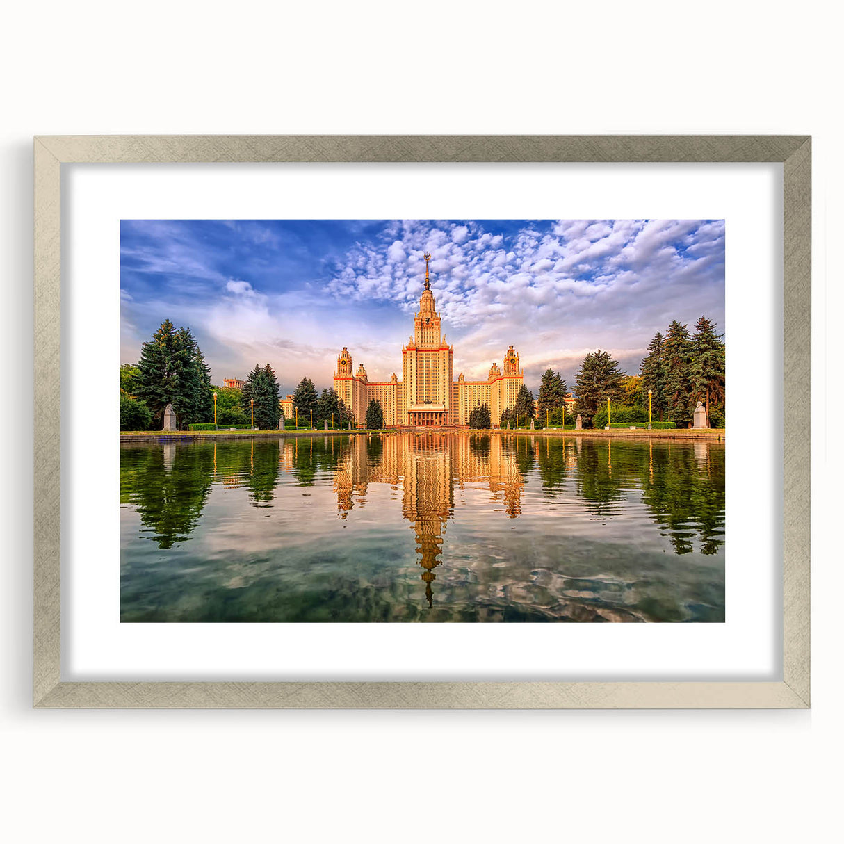 Extra large abstract art print of Moscow skyline in textured silver frame, ideal for living room decor.