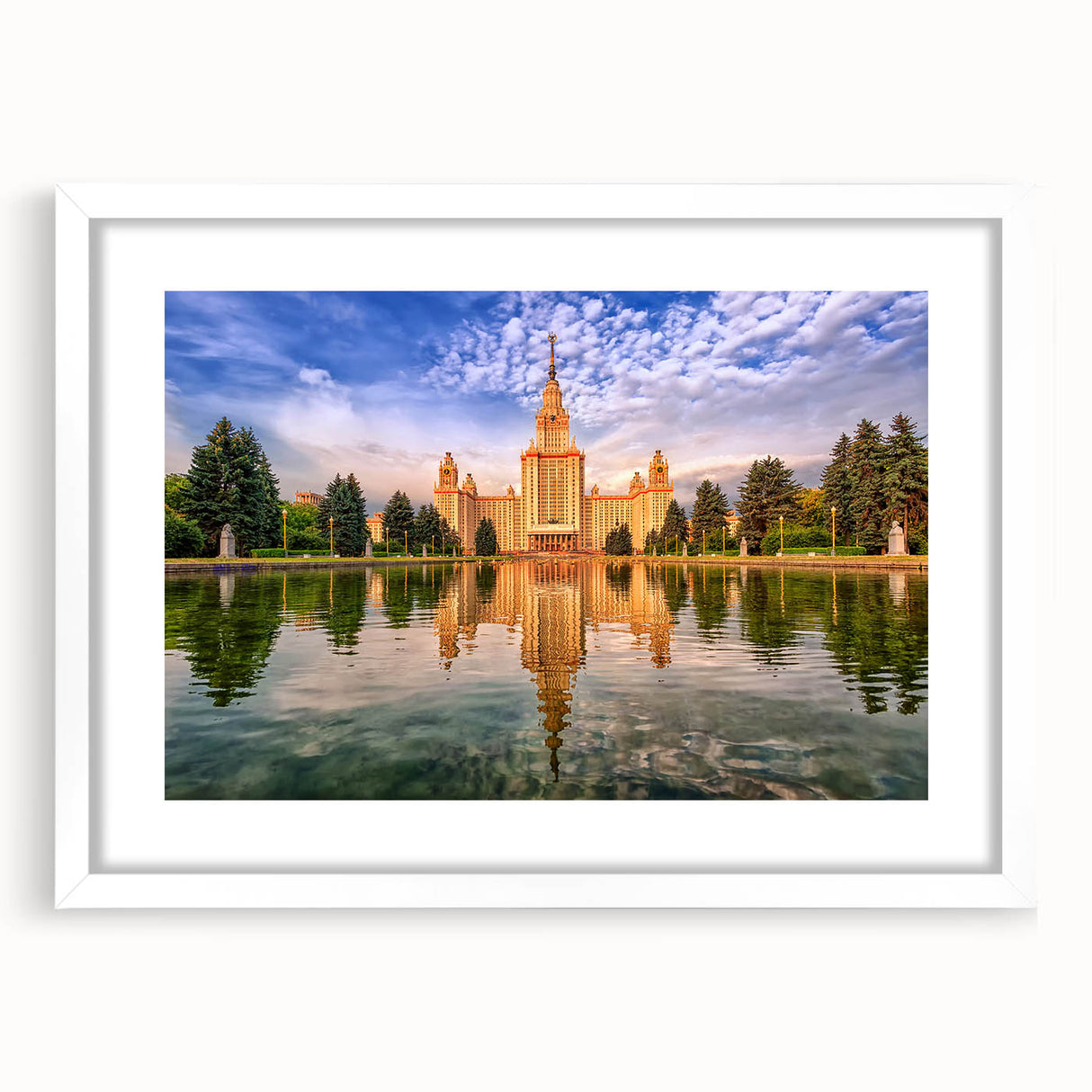 Textured abstract art print of Moscow skyline in muted earth tones on a framed white mat, ideal for bedroom art.