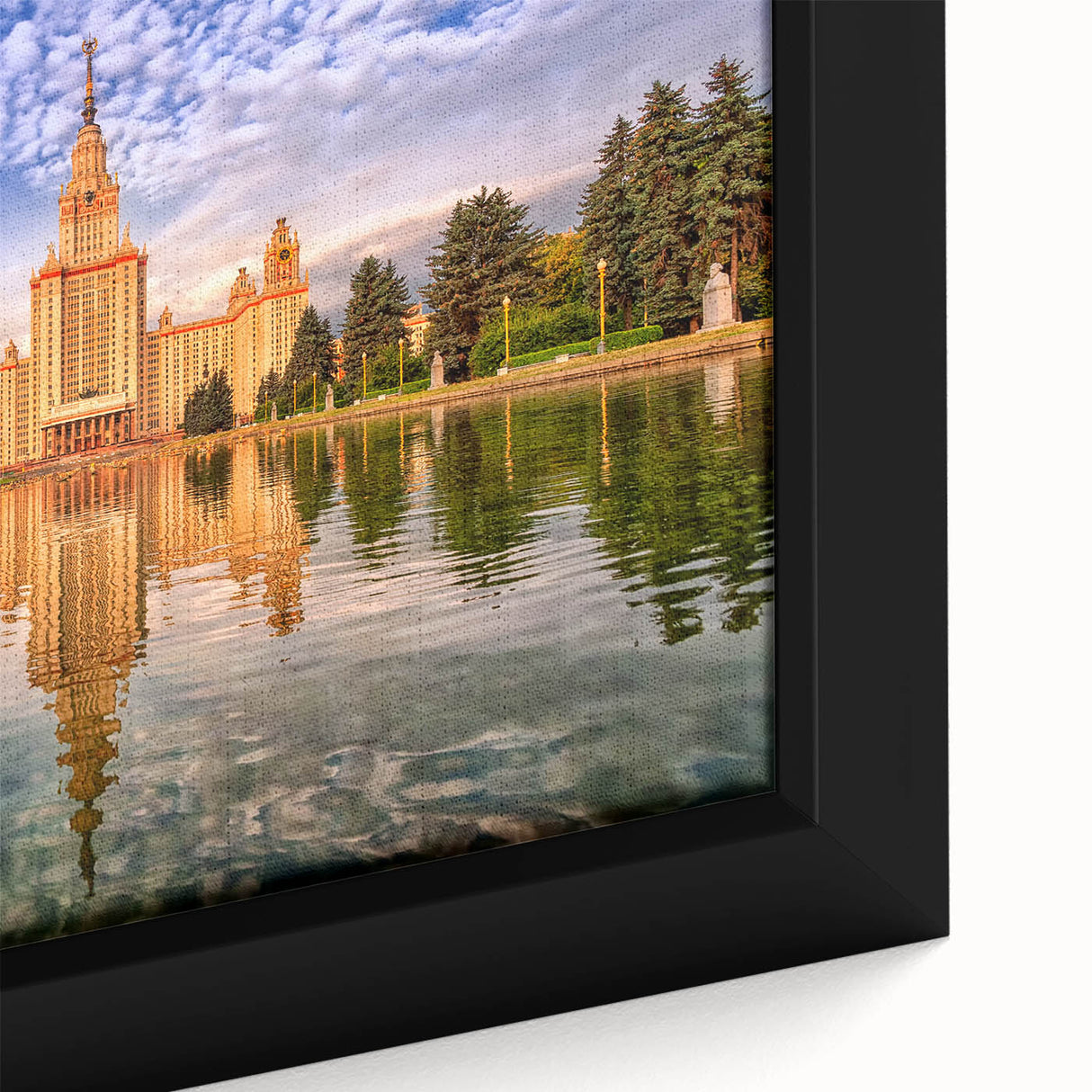 Extra large framed canvas featuring a textured depiction of Moscow's skyline in black with colorful art accents.