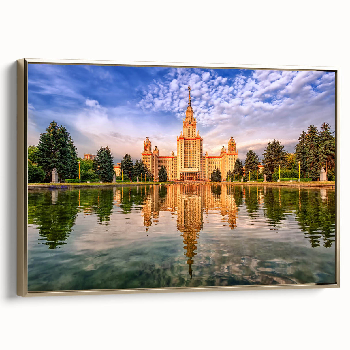 Framed canvas of a vintage-style Moscow landscape in muted gold and black tones, suitable as wall art for a bedroom.