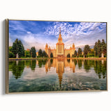 Framed canvas of a vintage-style Moscow landscape in muted gold and black tones, suitable as wall art for a bedroom.