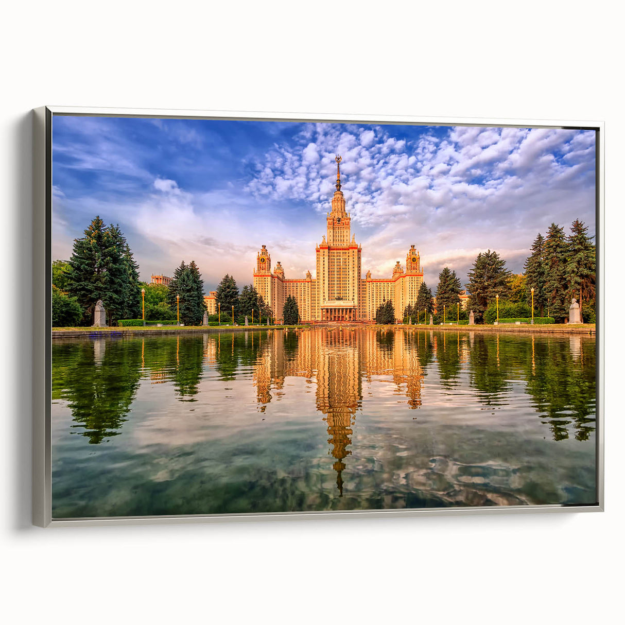 Framed canvas of a vintage-style Moscow landscape painting with colorful art on a black background.
