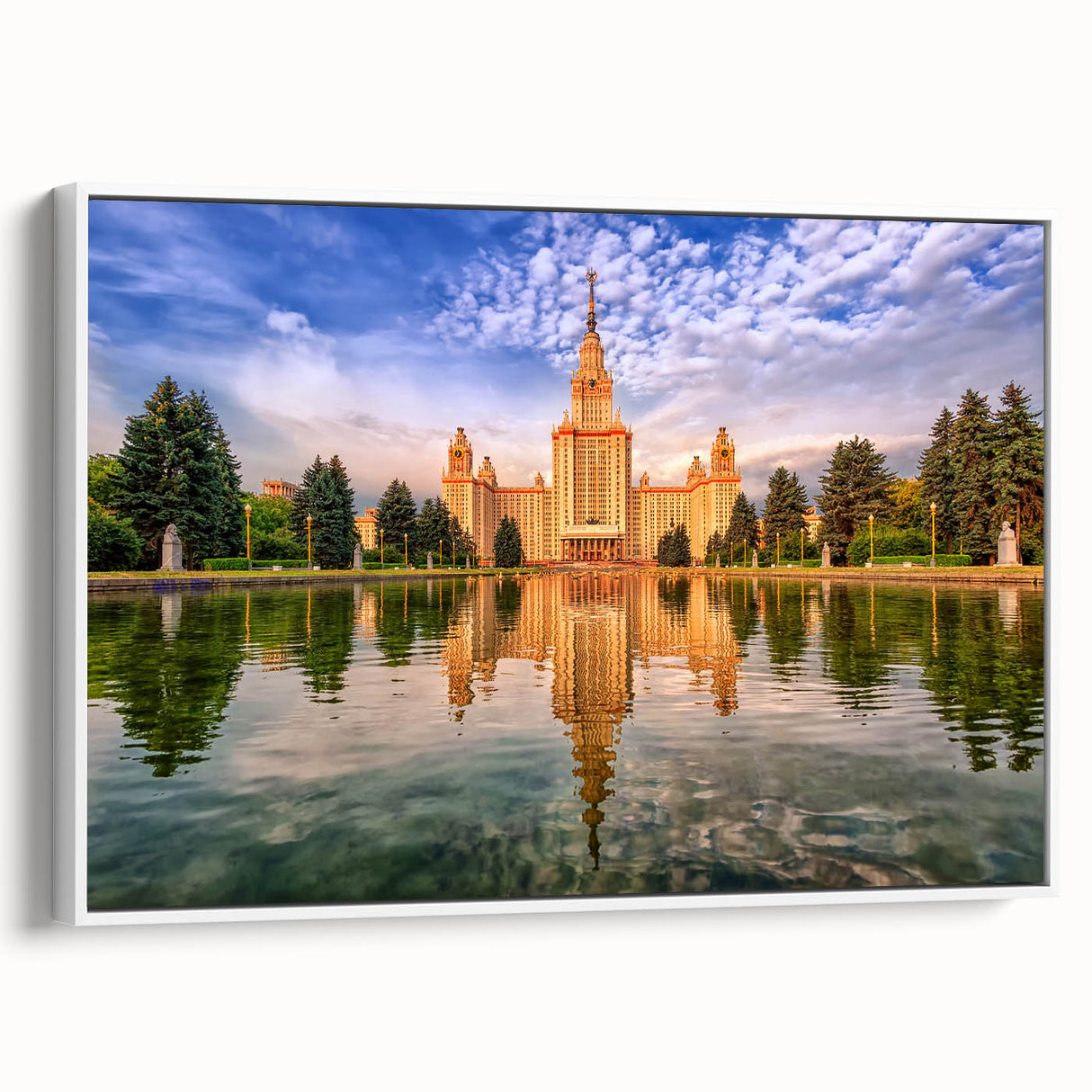 Vintage poster art of Moscow scenery on a framed canvas, featuring colorful art with black accents.