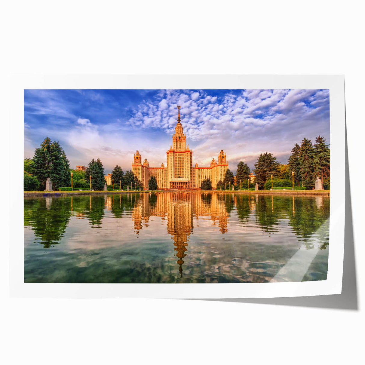 Extra large rolled print of Moscow skyline with muted gray and blue tones, ideal for art wall dining room.