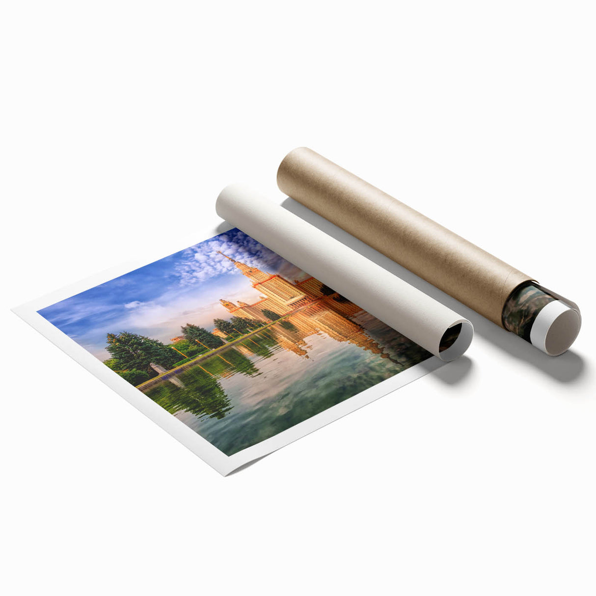Extra large rolled print of a floral Moscow cityscape in muted earth tones, suitable for classy bathroom wall art.