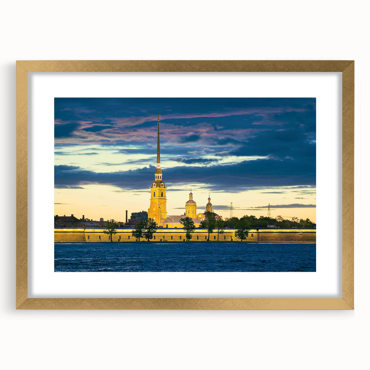 Abstract art print of a European cityscape in gold frame, featuring muted earth tones, ideal for dining room decor.
