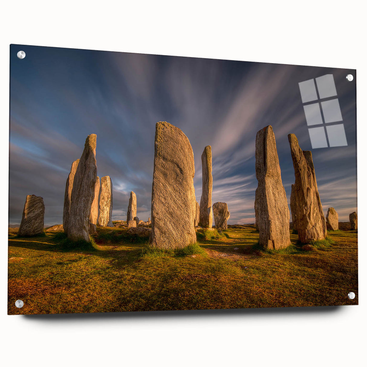 Acrylic print of a Scottish landscape in muted green and blue tones, ideal for dining room decor.