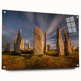 Acrylic print of a Scottish landscape in muted green and blue tones, ideal for dining room decor.
