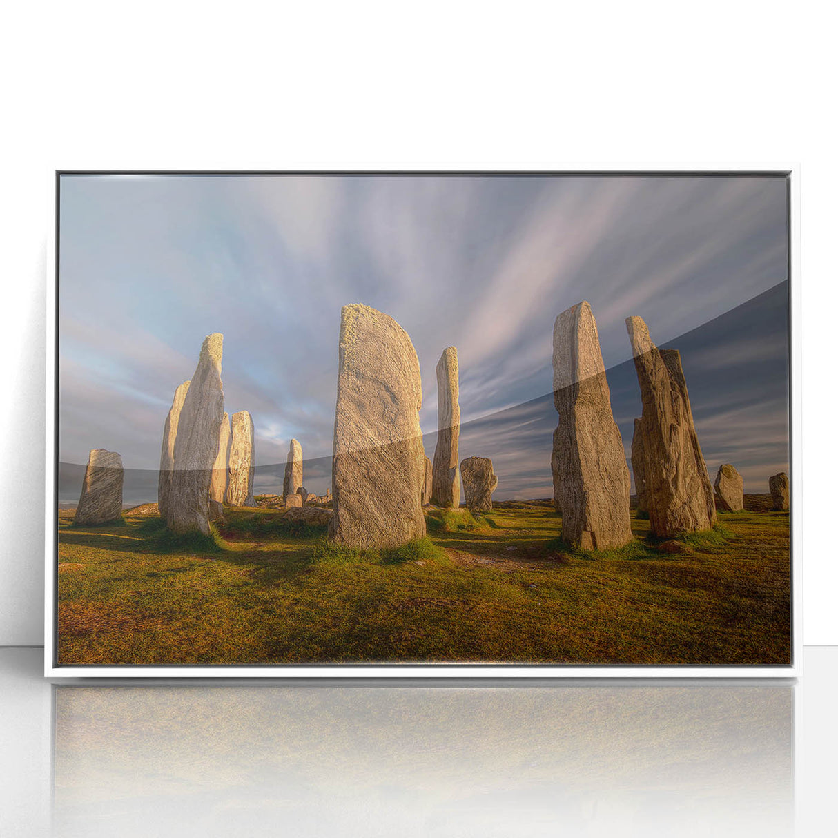 Mid-century modernist art featuring a serene Scottish landscape in muted green and blue tones, framed acrylic.
