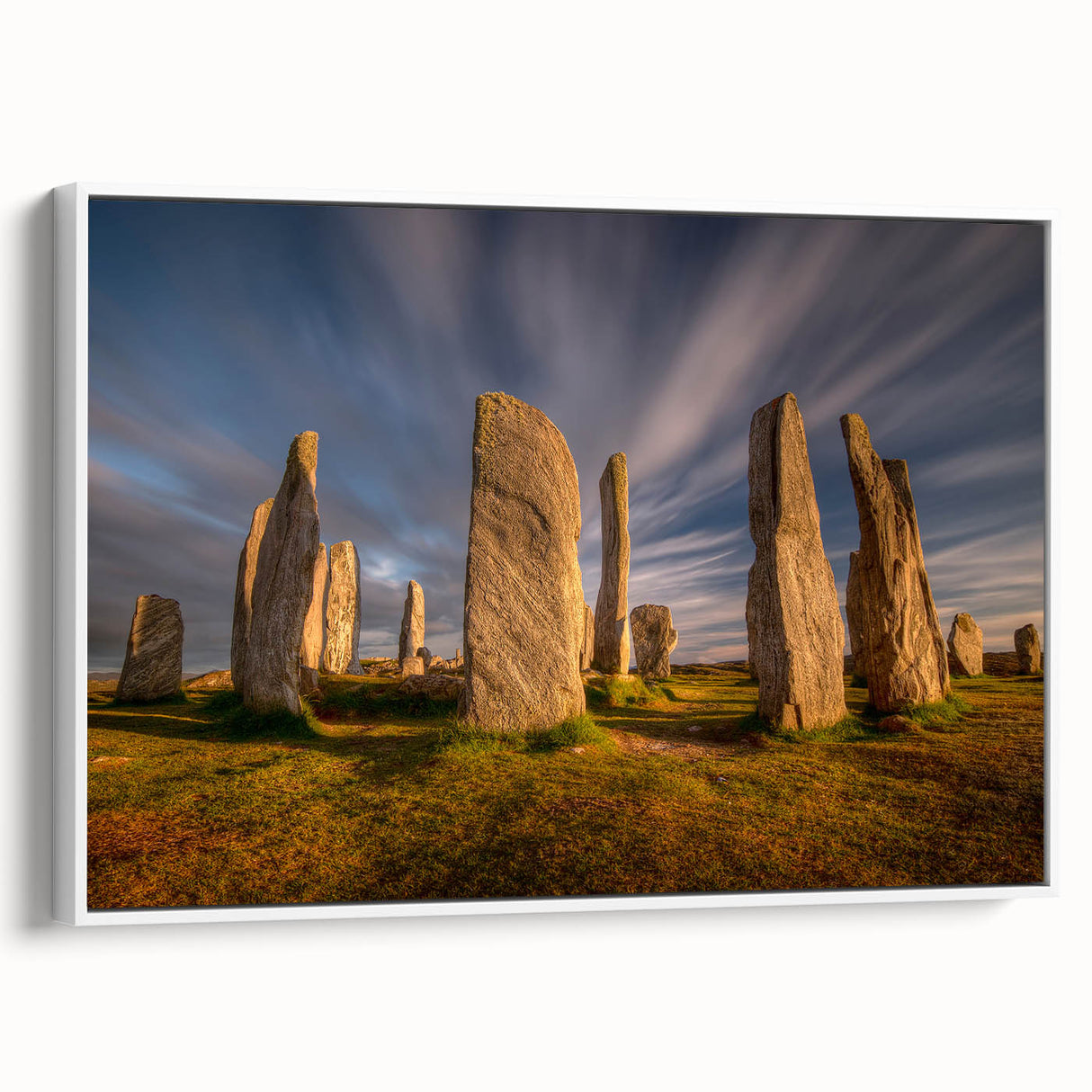 Vintage poster art of a Scottish landscape on a framed canvas, featuring muted earth tones, ideal for living room decor.