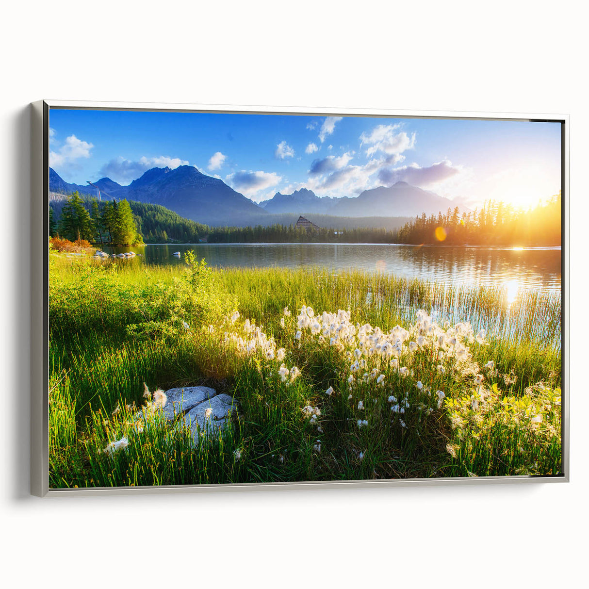 Landscape art painting of a European scenery on framed canvas, featuring vibrant colors on a black background.