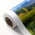 Art deco poster of a European scenery in muted earth tones on a rolled canvas, ideal for nursery wall art.