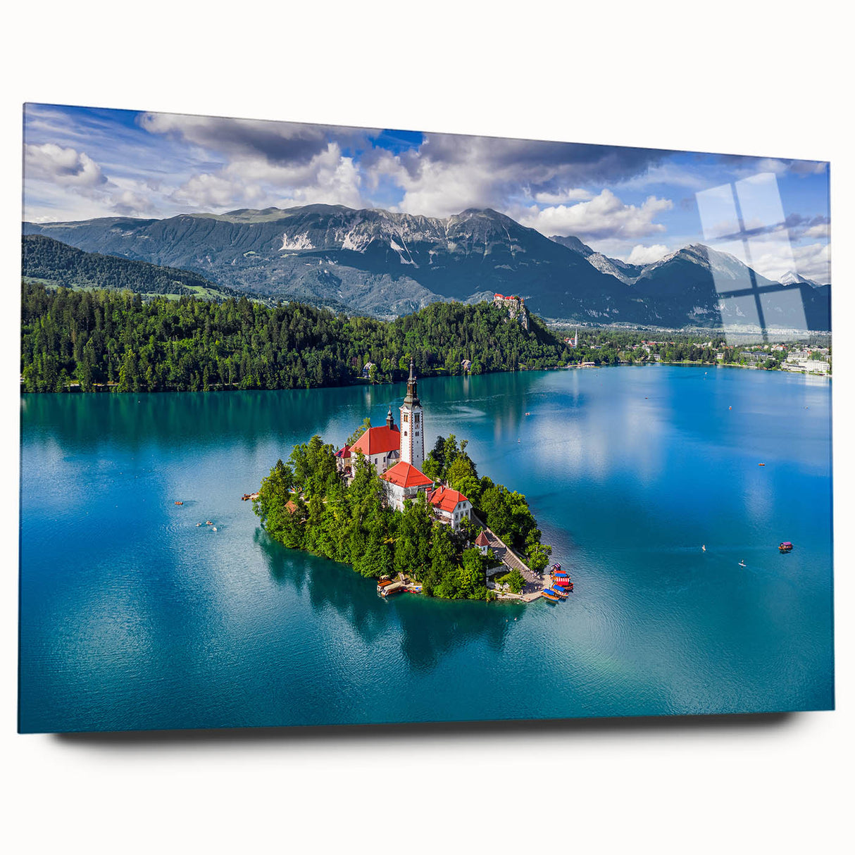 Large abstract wall art of a Slovenian landscape in muted green and blue tones on acrylic glass.