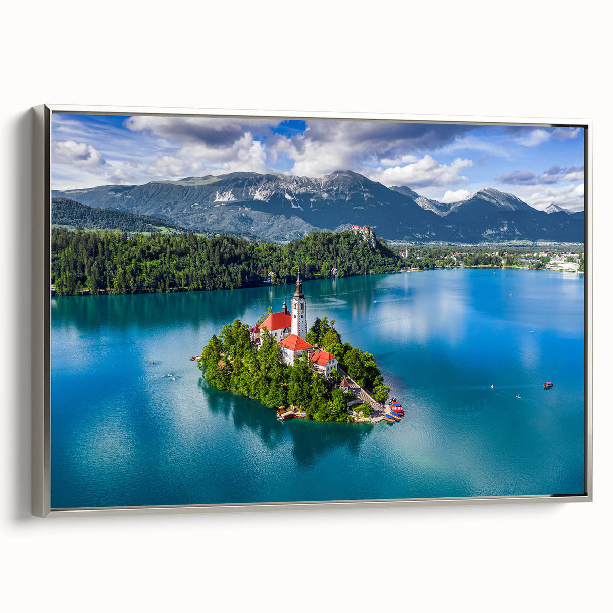 Vintage poster art of a Slovenian landscape on a framed canvas, featuring vibrant colors, ideal for living room decor.