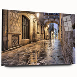 Large abstract wall art depicting the Barcelona skyline in muted blue tones on acrylic glass.
