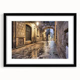 Extra large abstract art print of colorful, textured Barcelona scenery on a black framed canvas, ideal for living room decor.