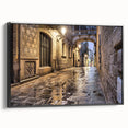 Black and white framed canvas of a vintage Barcelona landscape, suitable for bedroom decor.