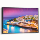 Black and white framed canvas featuring a vintage landscape of the Canary Islands, ideal for bedroom wall decor.