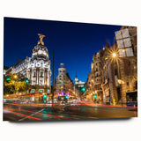 Large abstract wall art of Madrid cityscape in muted tones on acrylic glass, ideal for bedroom or dining room.
