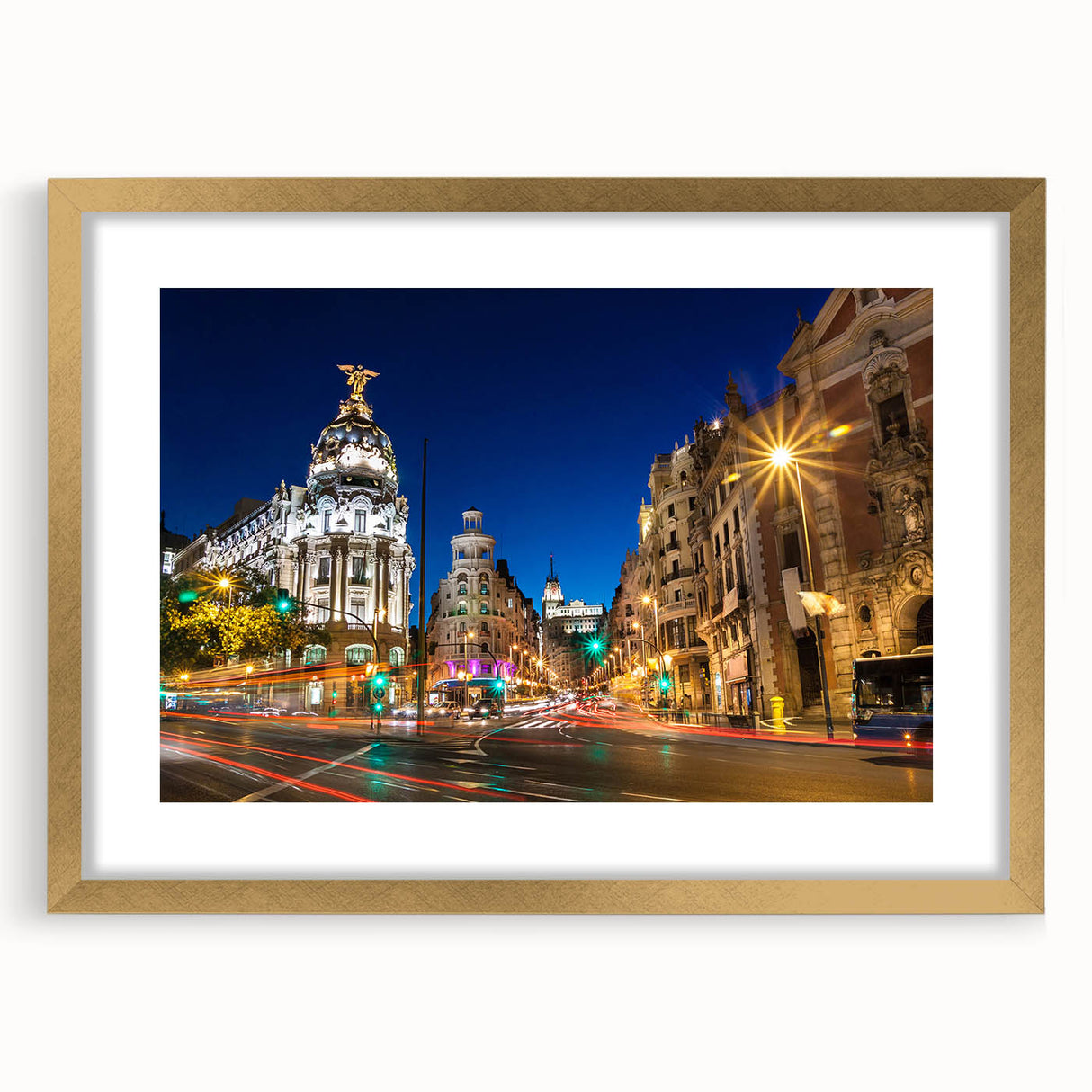 Extra large abstract art print of Madrid scenery in textured gold frame, ideal for living room decor.
