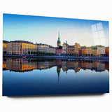 Side view of a large abstract art print of Stockholm scenery on acrylic glass, ideal for bedroom or dining room decor.