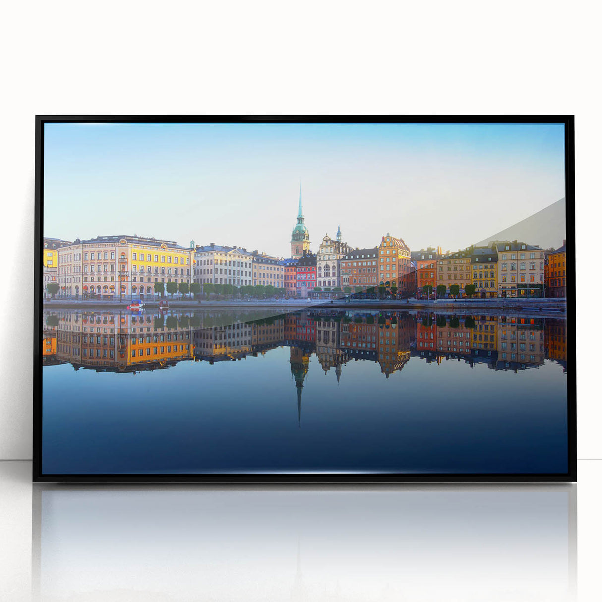 Large abstract wall art depicting Stockholm's skyline in muted blues and grays on a framed acrylic print.