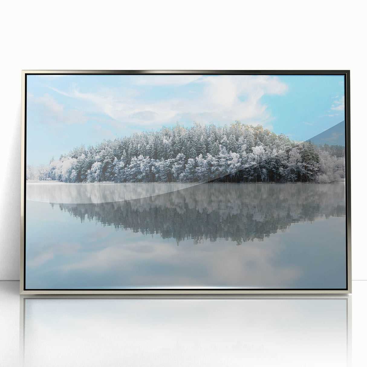 Mid-century modernist art depicting a serene Swedish landscape in muted earth tones on a framed acrylic print.
