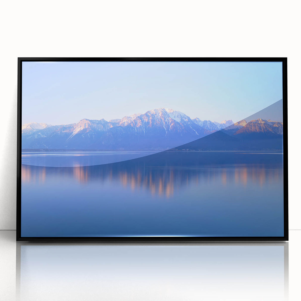 Large abstract wall art of Geneva scenery in muted gray and blue tones on a framed acrylic.