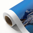 Art Deco poster of a serene Swiss landscape in muted greens and blues on rolled canvas, ideal for nursery wall art.