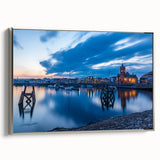 Framed canvas featuring a vintage style landscape painting of the Welsh countryside, with muted earthy tones.