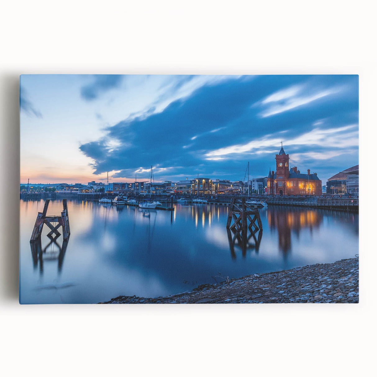 Large black and white stretched canvas depicting a scenic Welsh landscape, suitable as kitchen art.