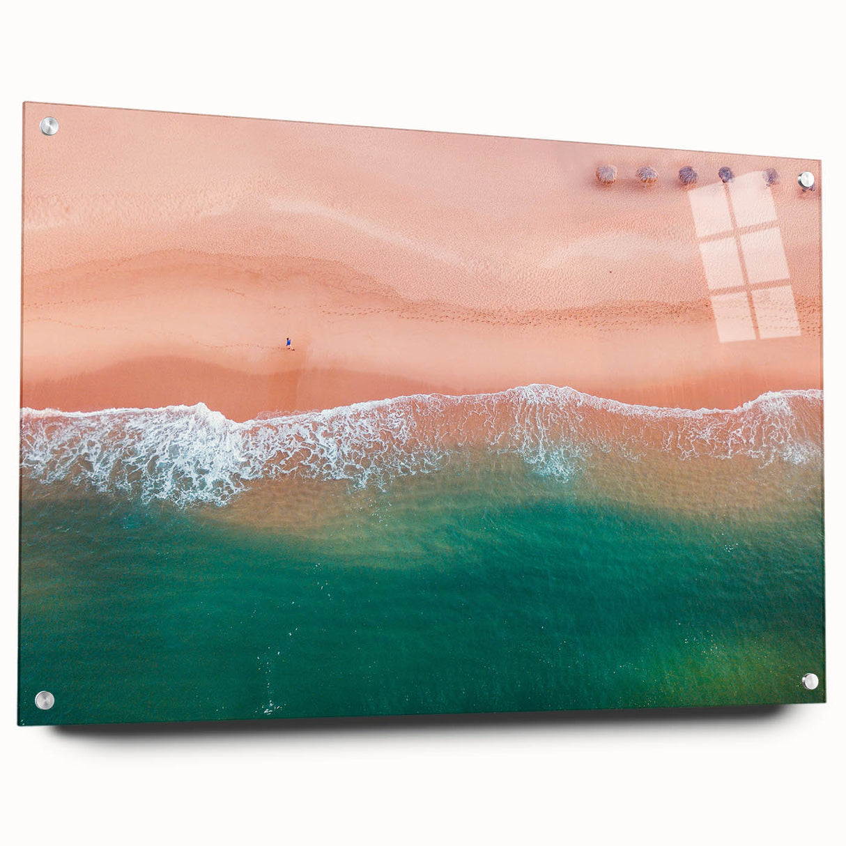 Large abstract depiction of Acapulco scenery in blue and green tones on acrylic glass.