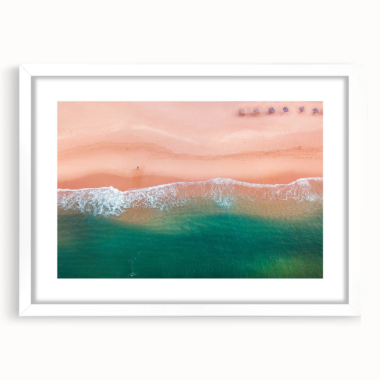 Abstract art print of Acapulco scenery in muted blue and green tones, framed with a white mat.