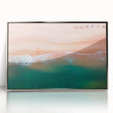Mid-century modernist art of Acapulco scenery in silver framed acrylic, with vibrant colors, ideal for modern art wall decor.